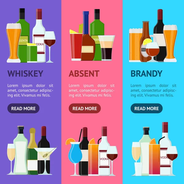 Kreslený alkoholické nápoje nápoje Banner Vecrtical Set. Vektor — Stockový vektor