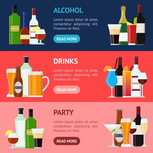 Cartoon alkoholische Getränke trinken Banner horizontal gesetzt. Vektor — Stockvektor