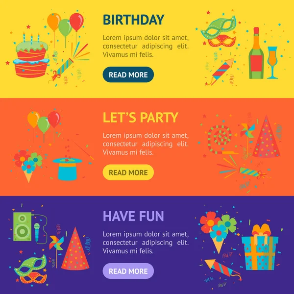 Kreskówka Happy Birthday Party baner poziomy zestaw. Wektor — Wektor stockowy