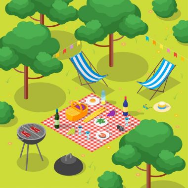 Aile pikniği ile Barbekü izometrik görünümü. Vektör