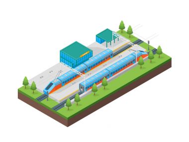 Tren yolcu tren istasyonu izometrik görünümü. Vektör