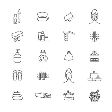 Sauna işaretleri siyah ince çizgi Icon Set. Vektör