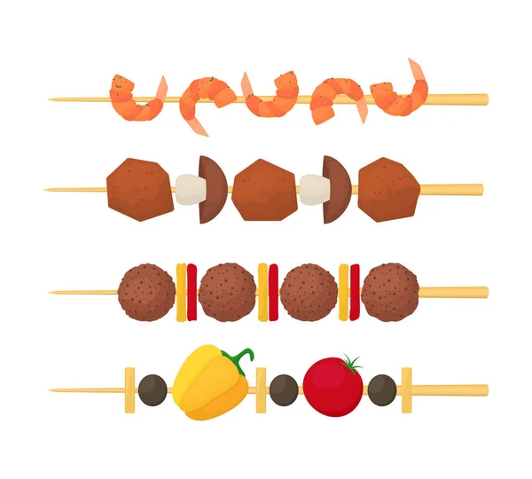 Cartoon-Farbe Kebab auf Holzspieße gesetzt. Vektor — Stockvektor