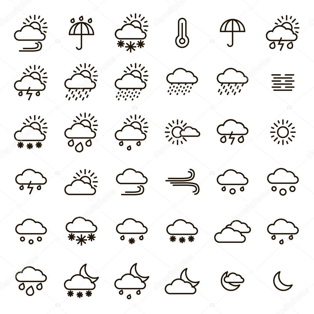 Weather Forecast Signs Black Thin Line Icon Set. Vector