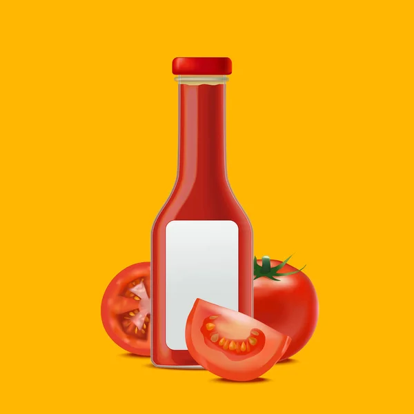 現実的な詳細なガラスの瓶のトマトソースまたはケチャップと赤いトマト。ベクトル — ストックベクタ