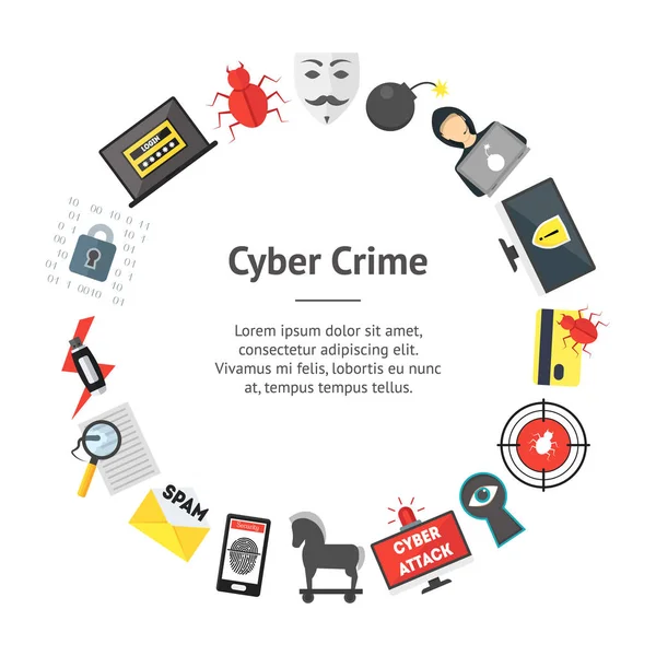 Kreslený kyberkriminalitě bezpečnost Banner kartu kruh. Vektor — Stockový vektor