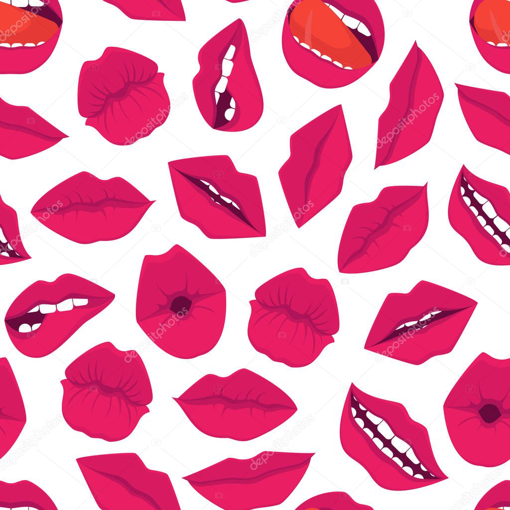 Cartoon Red Lips Seamless Pattern Background. Vector