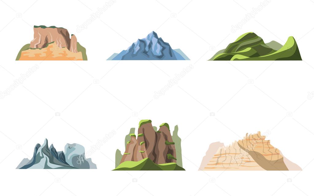 Cartoon Color Nature Landscapes Mountains Set. Vector