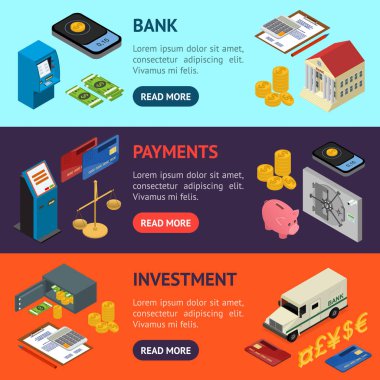 Banka afiş yatay ayarlama izometrik görünümü. Vektör