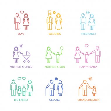 Aile ince çizgi Icons Set. Vektör
