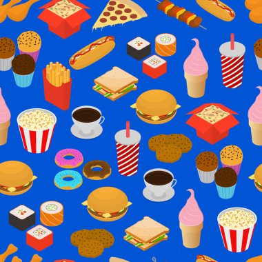 Fast Food Dikişsiz desen arka plan izometrik görünümü. Vektör