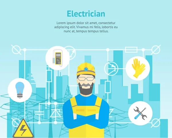Profi villanyszerelő munkás ember és elektromos üzemi kártya poszter rajzfilm. Vektor — Stock Vector