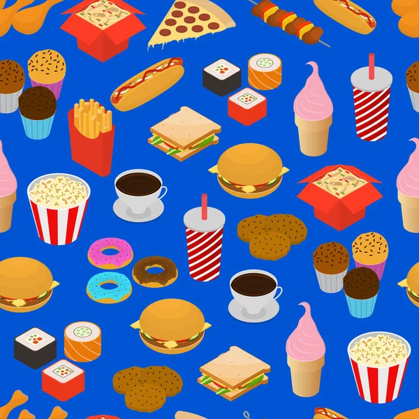 Fast Food Seamless Pattern Background Isometric View. Vector