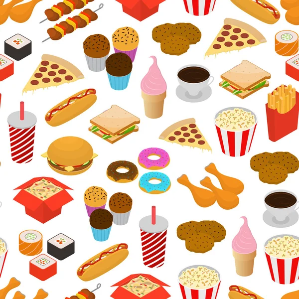 Fast Food Seamless Pattern háttér izometrikus nézetben. Vektor — Stock Vector