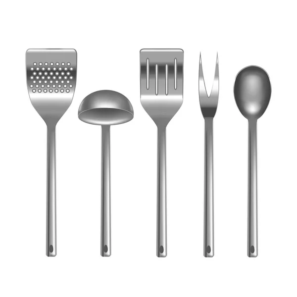 Conjunto de utensílios de cozinha de metal realista. Vetor — Vetor de Stock