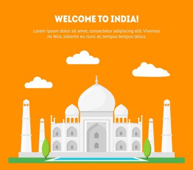 Çizgi film Hindistan arka plan turizm kavramı kartı Poster Taj Mahal sembolü. Vektör