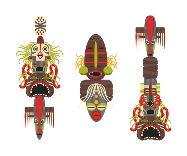 Ikoner för tecknad traditionella religiösa Totem färguppsättning. Vektor — Stock vektor