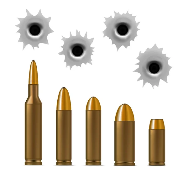 Realistic Detailed 3d Bullets and Bullet Holes Set. Vector — Stock Vector