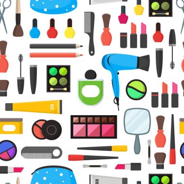 Düz makyaj kozmetik, maskara ve fırçalar Dikişsiz desen arka plan araçları. Vektör