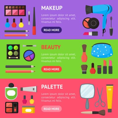 Düz yapmak kadar araçlar kozmetik, maskara ve Brushe afiş yatay ayarla. Vektör