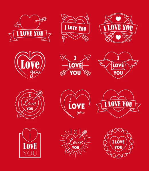 Love Labels Badge Set de líneas delgadas para el día de San Valentín. Vector — Archivo Imágenes Vectoriales