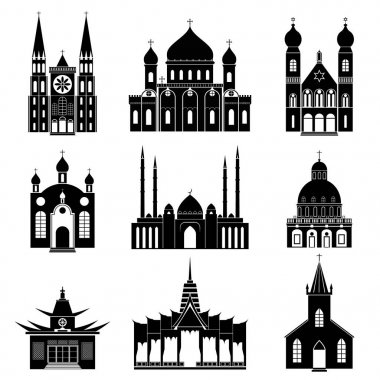 Çizgi film siluet siyah kilise ve tapınaklar Icon Set. Vektör