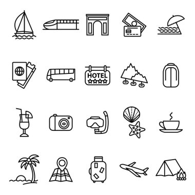 Seyahat ve Turizm işaretleri siyah ince çizgi Icon Set. Vektör