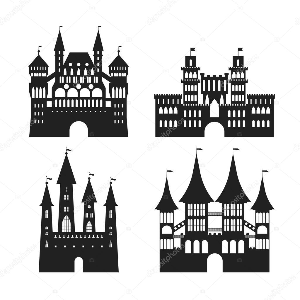 Cartoon Silhouette Black Medieval Old Castles Icon Set. Vector