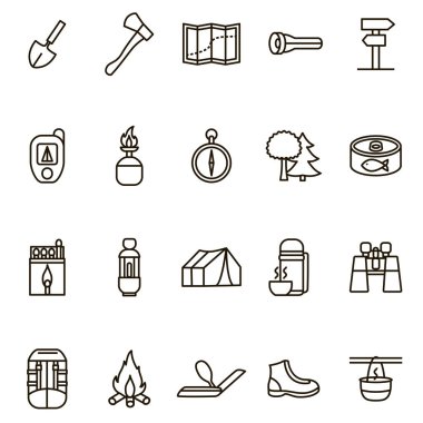 İşaretleri siyah ince çizgi Icon Set Hiking, kamp. Vektör