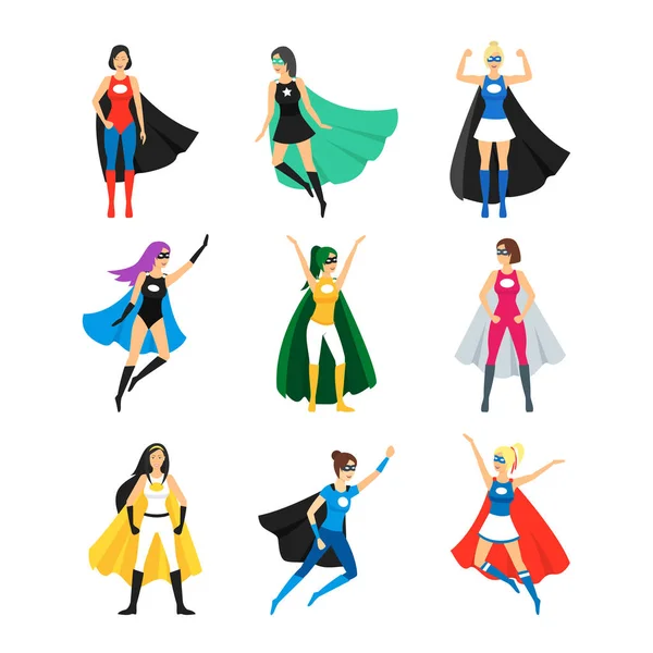 Juego de iconos de personajes de superhéroes femeninos de dibujos animados. Vector — Archivo Imágenes Vectoriales