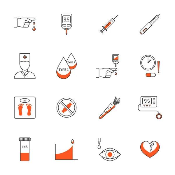 El tratamiento de la diabetes muestra un conjunto de iconos de línea delgada. Vector — Archivo Imágenes Vectoriales