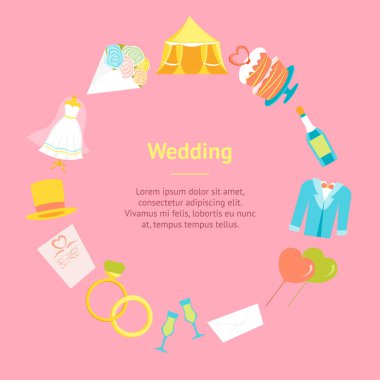 Çizgi film düğün afiş kartı daire. Vektör