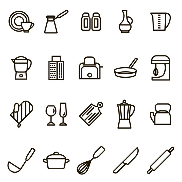 Keuken hulpmiddelen tekenen zwarte dunne lijn Icon Set. Vector — Stockvector