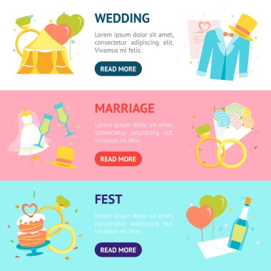 Çizgi film afiş yatay Set düğün. Vektör