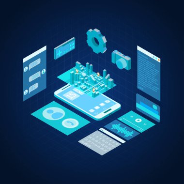 Cep telefonu konsepti 3d izometrik görünümü. Vektör