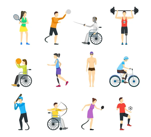 Juego de iconos de personajes deportivos con discapacidad de dibujos animados. Vector — Vector de stock