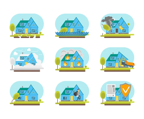 Cartoon Color House Insurance Service Icônes Set. Vecteur — Image vectorielle