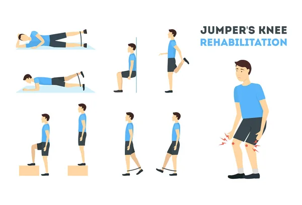 Cartoon Jumper Knee Rehabilitation Affiche de carte d'exercice. Vecteur — Image vectorielle