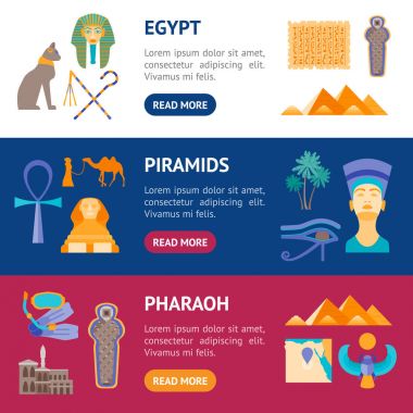 Çizgi film sembol Mısır afiş yatay küme. Vektör