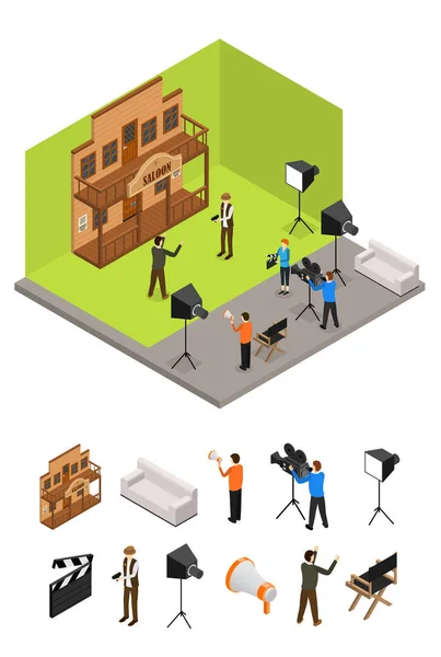 Interior Television Studio and Elements Part Isometric View (em inglês). Vetor — Vetor de Stock