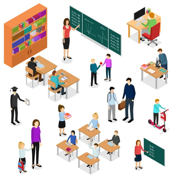 Children Student and Teacher Education Concept 3d Isometric View. Vector — Stock Vector