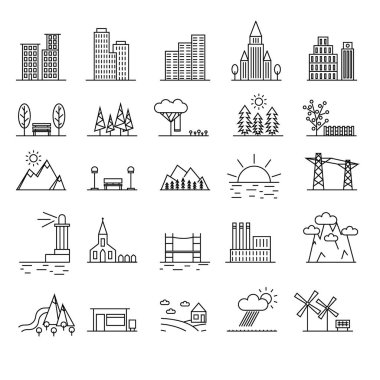 Kentsel sahne öğeleri siyah ince çizgi Icon Set. Vektör