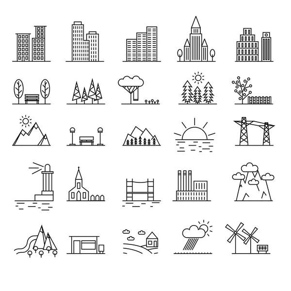 Urban Scenery Elements Black Thin Line Icon Set. Вектор — стоковый вектор