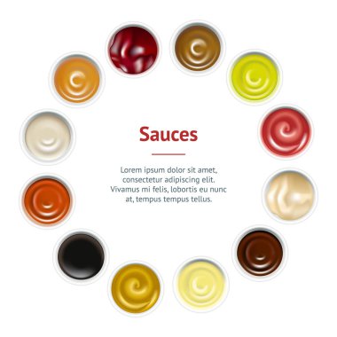 Realistic Detailed Sauces in Plate Banner Card Circle Top View. Vector clipart