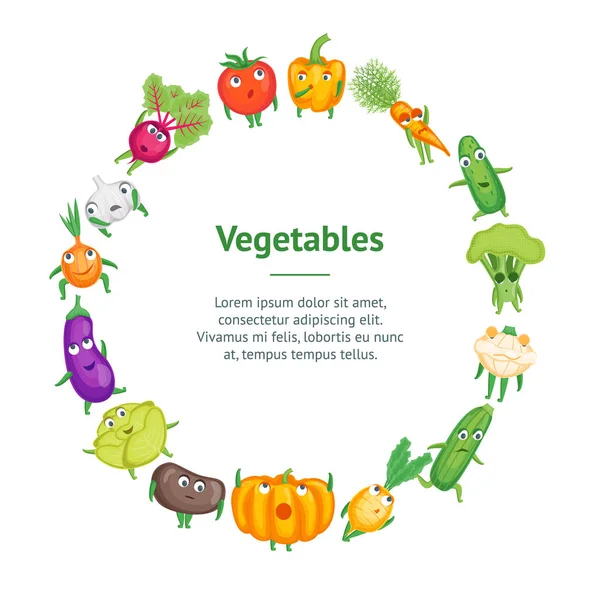Cartone animato fresco sano verdure personaggi Banner Card Circle. Vettore — Vettoriale Stock