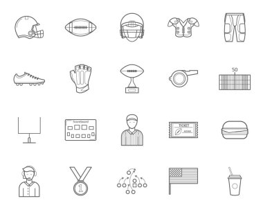 Amerikan futbolu işaretleri siyah ince çizgi Icon Set. Vektör