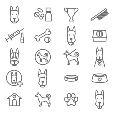 Köpek ve köpek yavrusu siyah ince çizgi Icon Set. Vektör