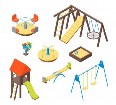 Çocuk Bahçesi öğeleri 3d Icons Set izometrik görünümü. Vektör