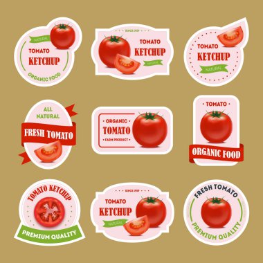 Çizgi film domates rozetleri veya etiketleri kümesi. Vektör