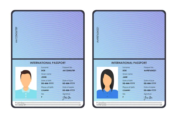 Cartoon International Set passaporti maschili e femminili. Vettore — Vettoriale Stock